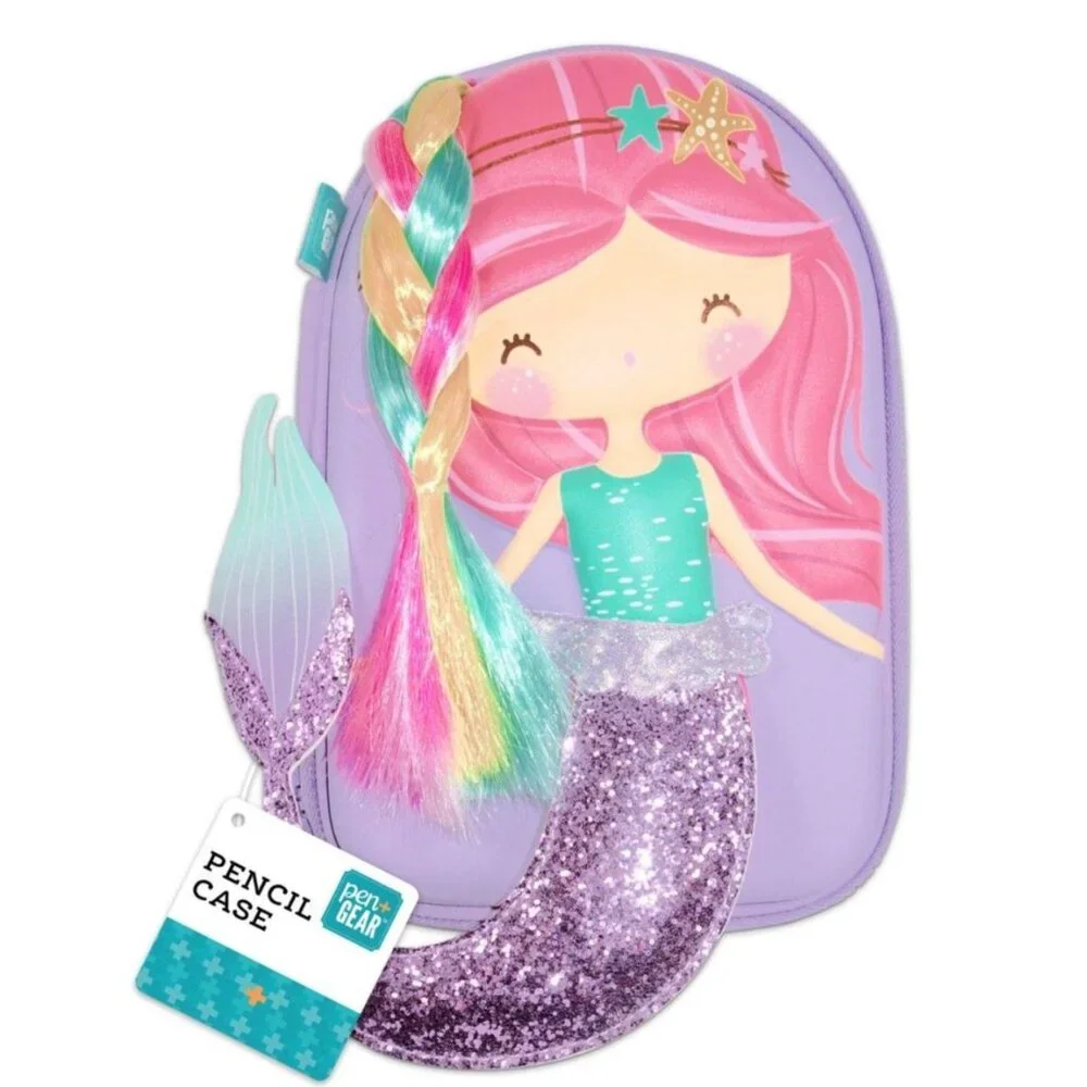 3D Purple Glitter Mermaid Zipper Pencil Case With Colorful Hair Sequin Tail NEW